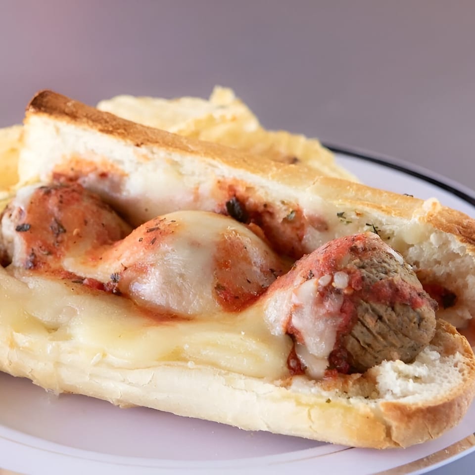 A close-up of an IPIZZA meatball sub with melted cheese and sauce on a white plate.