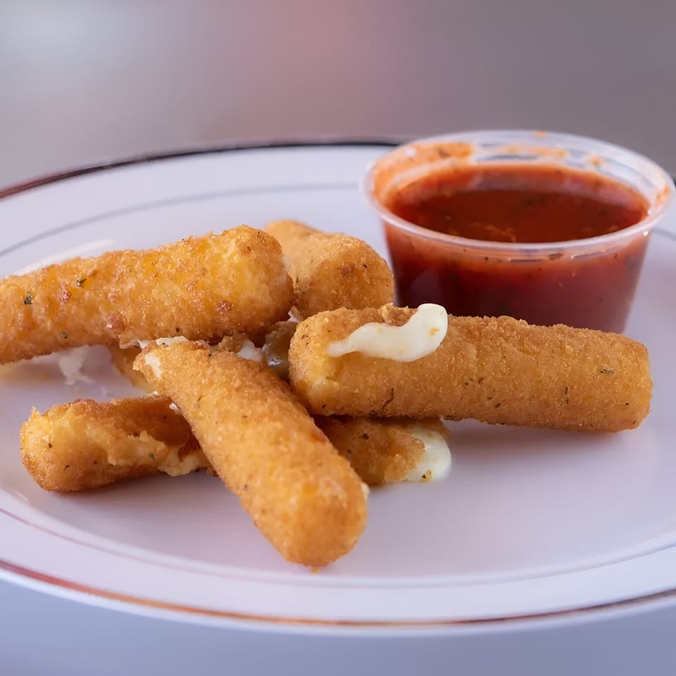 Golden-brown mozzarella sticks with melted cheese oozing out, served with a side of marinara sauce.